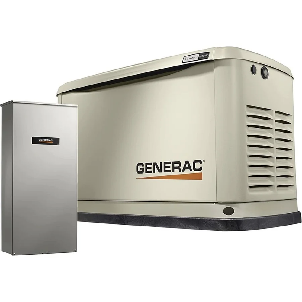 Generac 7043 22kW Air Cooled Guardian Series home standby generator with 200-Amp transfer switch, installed outdoors.
