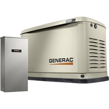 Generac 7043 22kW Air Cooled Guardian Series home standby generator with 200-Amp transfer switch, installed outdoors.
