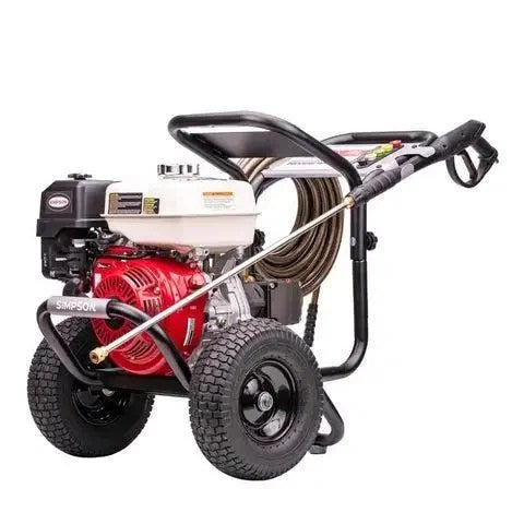 Casavibeo Simpson PowerShot PS60869 Honda 4000 PSI gas pressure washer with 3.5 GPM spray gun and hoses, ready for cleaning tasks.