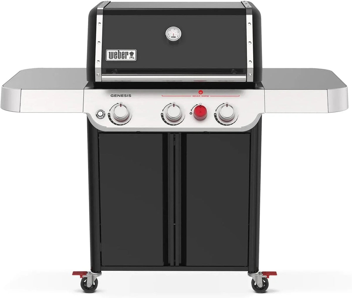 Casavibeo Weber Genesis E-325s gas grill with four burners, stainless steel finish, and side prep table, ready for outdoor cooking.