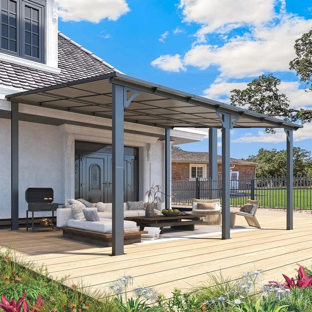 Aecojoy 14x12 ft aluminum pergola with canopy, featuring a modern outdoor structure with a shaded area and sturdy metal frame.