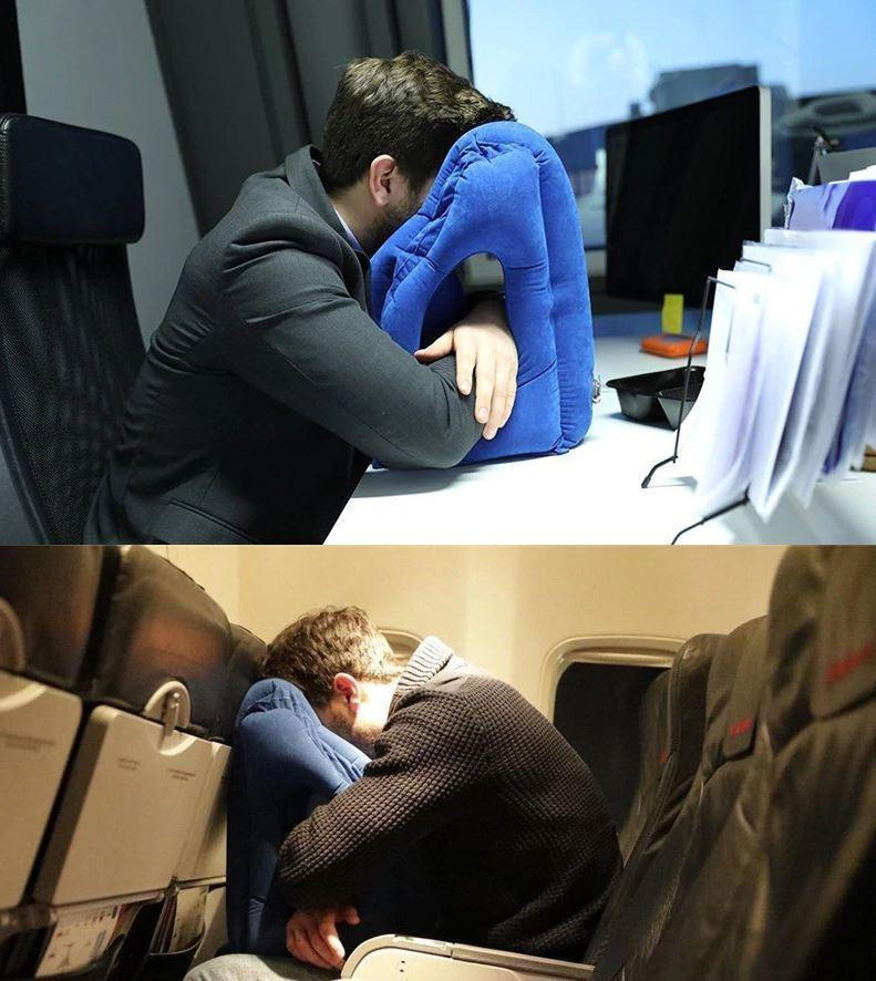 Belro inflatable travel cushion in navy blue, compact and portable for comfortable support during travel or relaxation.