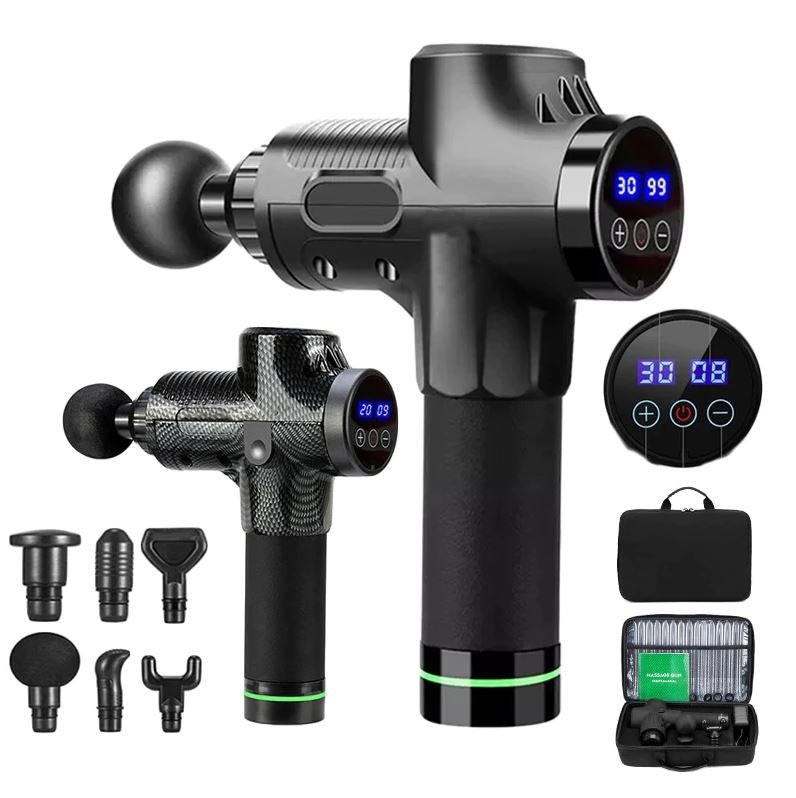 Belro massage gun in black with ergonomic handle and multiple attachment heads for muscle relief and relaxation.