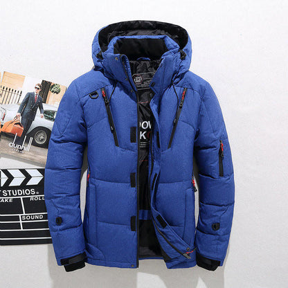 Belro thermal duck down jacket in black, featuring a puffy design, hood, and front zipper for warmth and comfort.