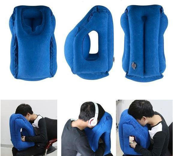 Belro inflatable travel cushion in navy blue, compact and portable for neck support during travel.