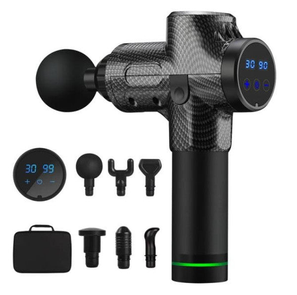 Belro massage gun, a handheld personal care electronic massager with ergonomic design and multiple attachment heads for muscle relief.