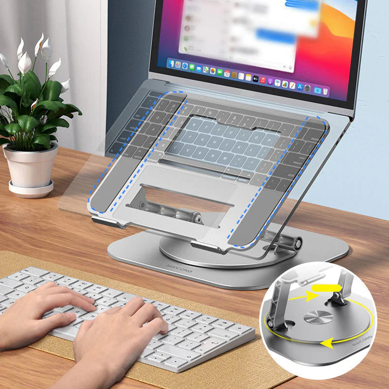 Belro swivel laptop mount attached to a desk, adjustable arms for ergonomic positioning, suitable for electronics and computer setups.