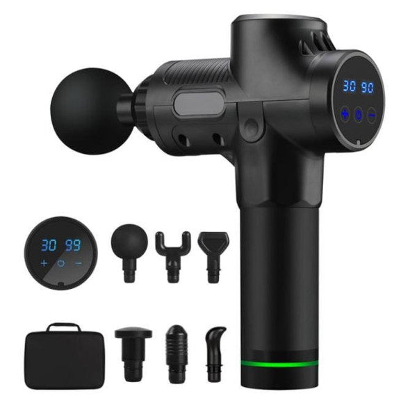 Belro massage gun, a handheld personal care massager with ergonomic design and multiple attachment heads for muscle relief.