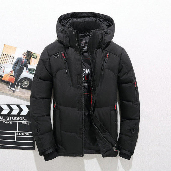 Belro thermal duck down jacket displayed on a hanger, showcasing its insulated design and sleek exterior for cold weather wear.
