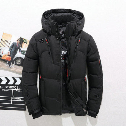 Belro thermal duck down jacket displayed on a hanger, showcasing its insulated design and sleek exterior for cold weather wear.