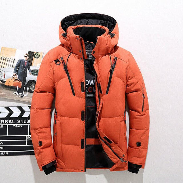 Belro thermal duck down jacket in black, with insulated design and hood, suitable for cold weather outdoor wear