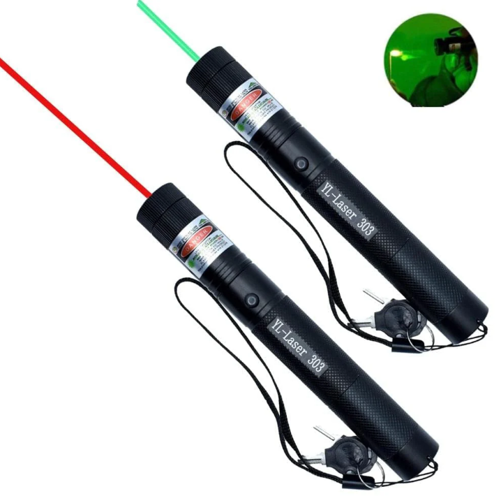 Belro high-power laser pointer with green and red beams, suitable for office and presentation use, shown with beam visibility.
