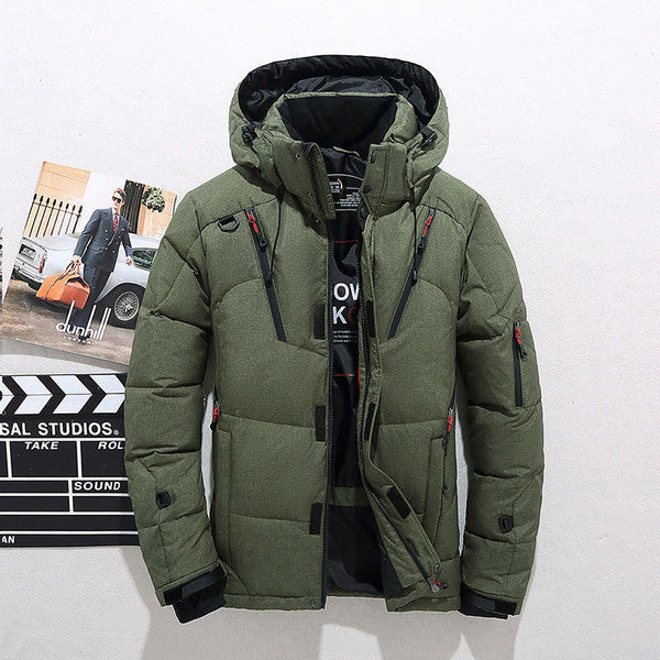 Belro thermal duck down jacket in black with quilted design and hood, suitable for cold weather outdoor wear.