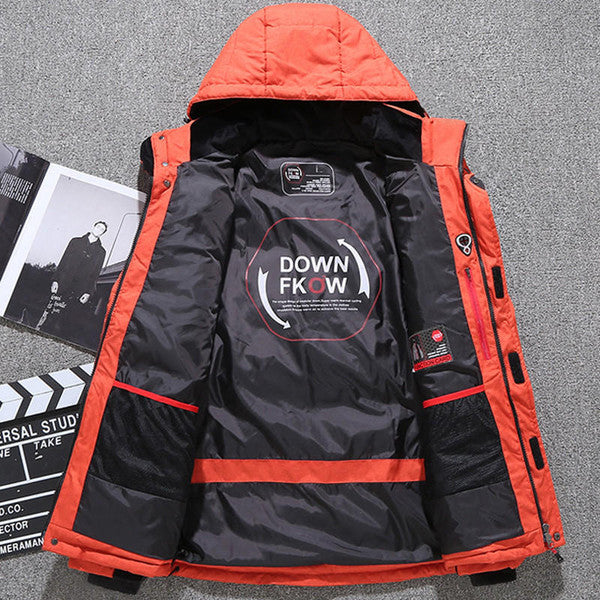 Belro thermal duck down jacket in black, front view showing insulated design and stand-up collar for cold weather protection.