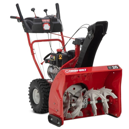 Casavibeo Troy-Bilt Storm 2600 26-inch gas snow blower with electric start, 208cc engine, two-stage design, and large clearing width.