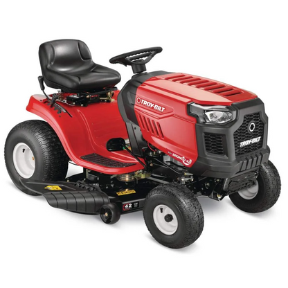 Casavibeo Troy Bilt Bronco 42-inch riding lawn tractor with 19 HP Briggs & Stratton engine and automatic drive system.