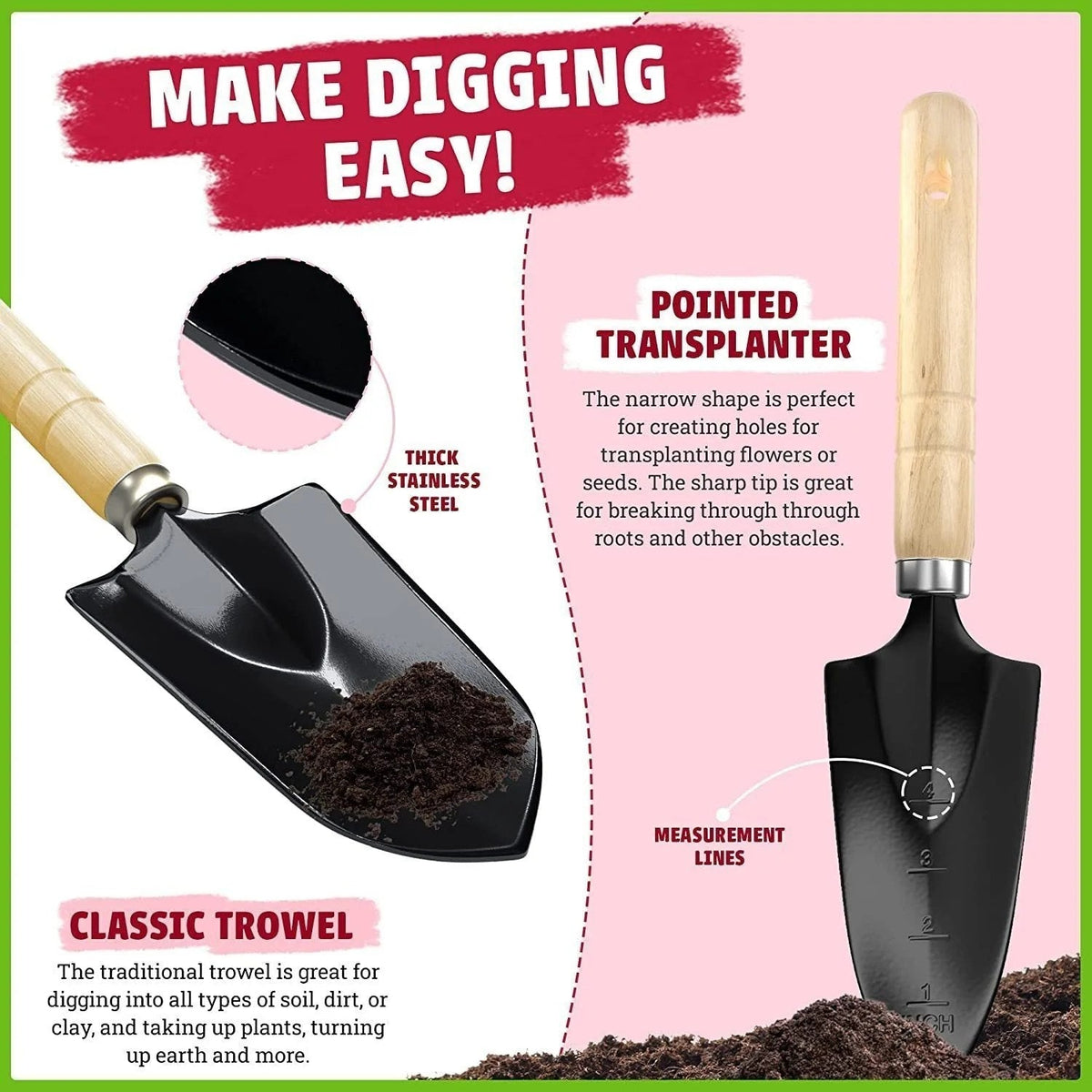 Casavibeo stainless steel gardening tools set with trowel, pruners, and hand rake for gardening and planting tasks.