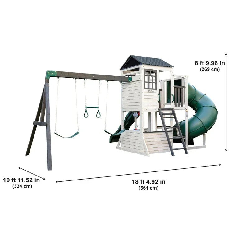 Casavibeo Kidkraft Wrangler Way Swing Set with slides, swings, and climbing features in an isometric view for kids' outdoor play.