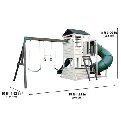 Casavibeo Kidkraft Wrangler Way Swing Set with slides, swings, and climbing features in an isometric view for kids' outdoor play.