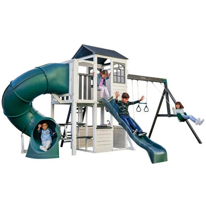 Casavibeo Kidkraft Wrangler Way Swing Set with slides, swings, and climbing features for kids' outdoor play.