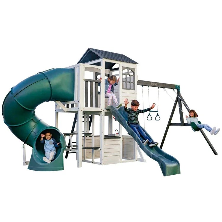 Casavibeo Kidkraft Wrangler Way Swing Set with slides, swings, and climbing features for kids' outdoor play.