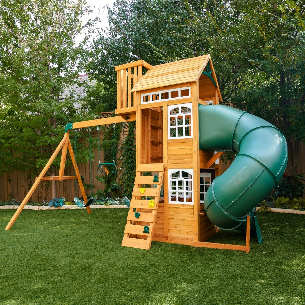 Casavibeo Ridgemoor Perch Swing Set with sturdy wooden perch and ropes, perfect for outdoor play in a backyard.