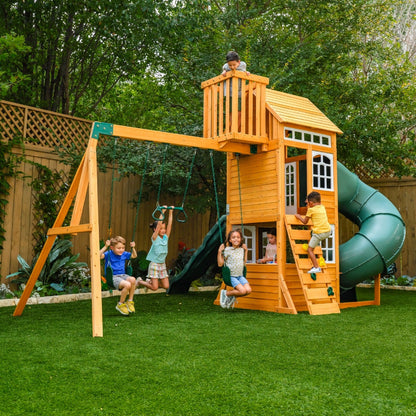 Casavibeo Ridgemoor Perch Swing Set with sturdy wooden perch and ropes, ideal for outdoor play and kids' recreation.