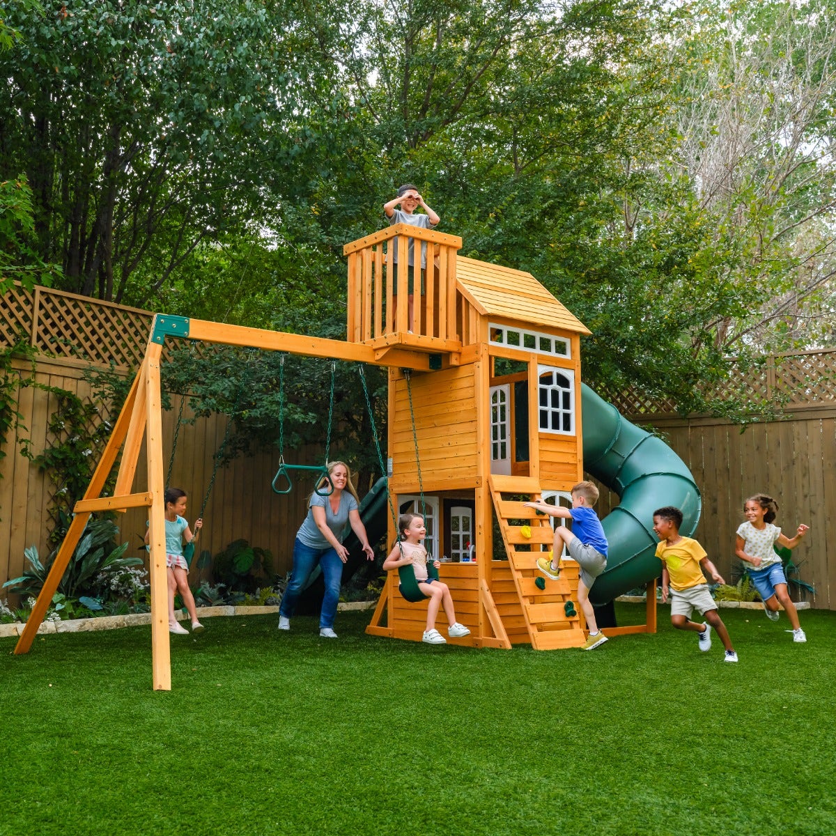 Casavibeo Ridgemoor Perch Swing Set with wooden perch and sturdy ropes, ideal for kids' outdoor play.