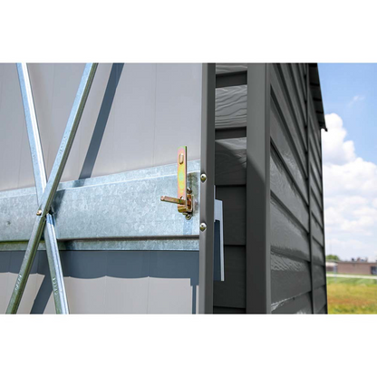Casavibeo Arrow Select 8 ft. x 6 ft. charcoal metal storage shed with double doors and ventilation panels.