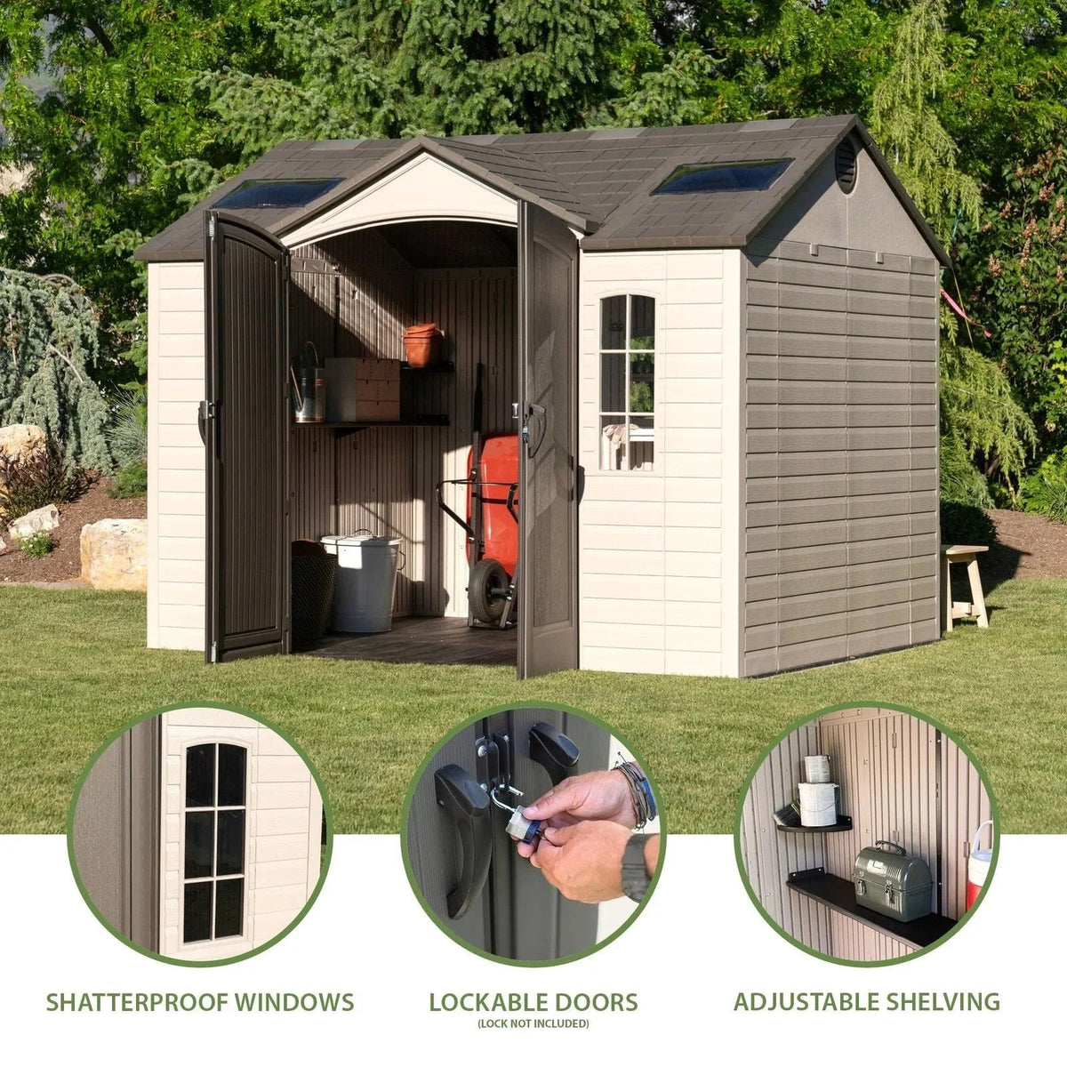 Casavibeo Lifetime lockable polyethylene outdoor storage shed in tan and brown, 10x8 feet with sturdy construction and secure lock system.
