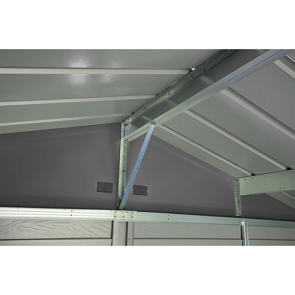 Casavibeo Arrow Select 8 ft. x 6 ft. charcoal metal storage shed with double doors and ventilation panels.