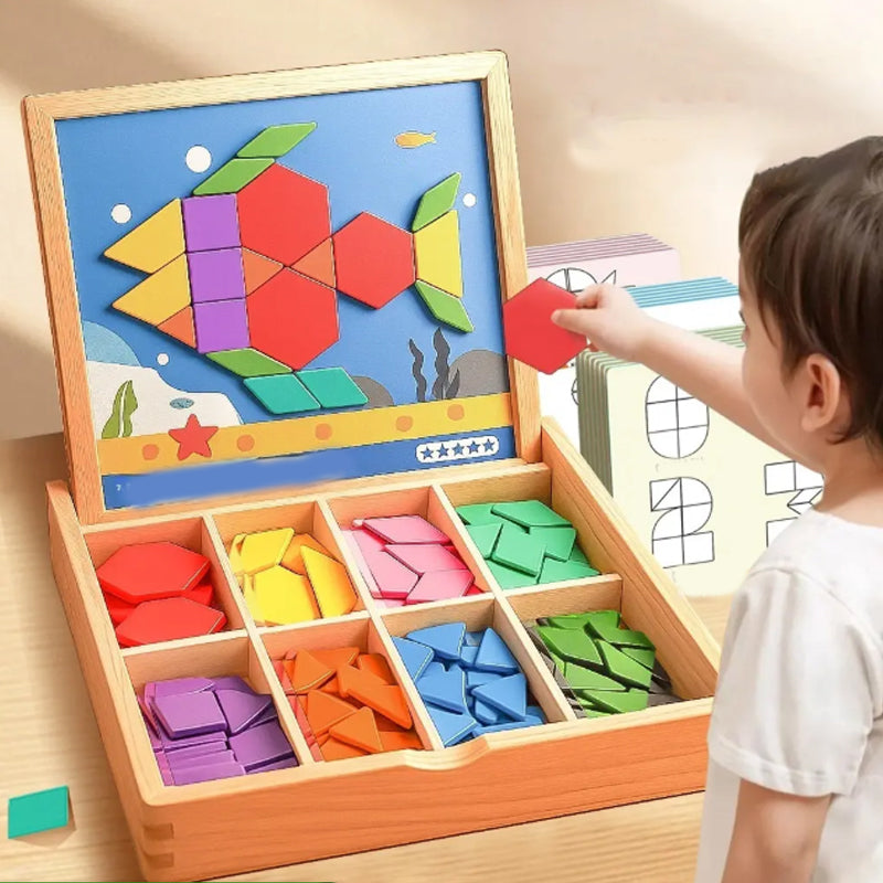 Mivoza magnetic wooden building blocks with pattern cards, showcasing colorful geometric shapes for educational and creative play.