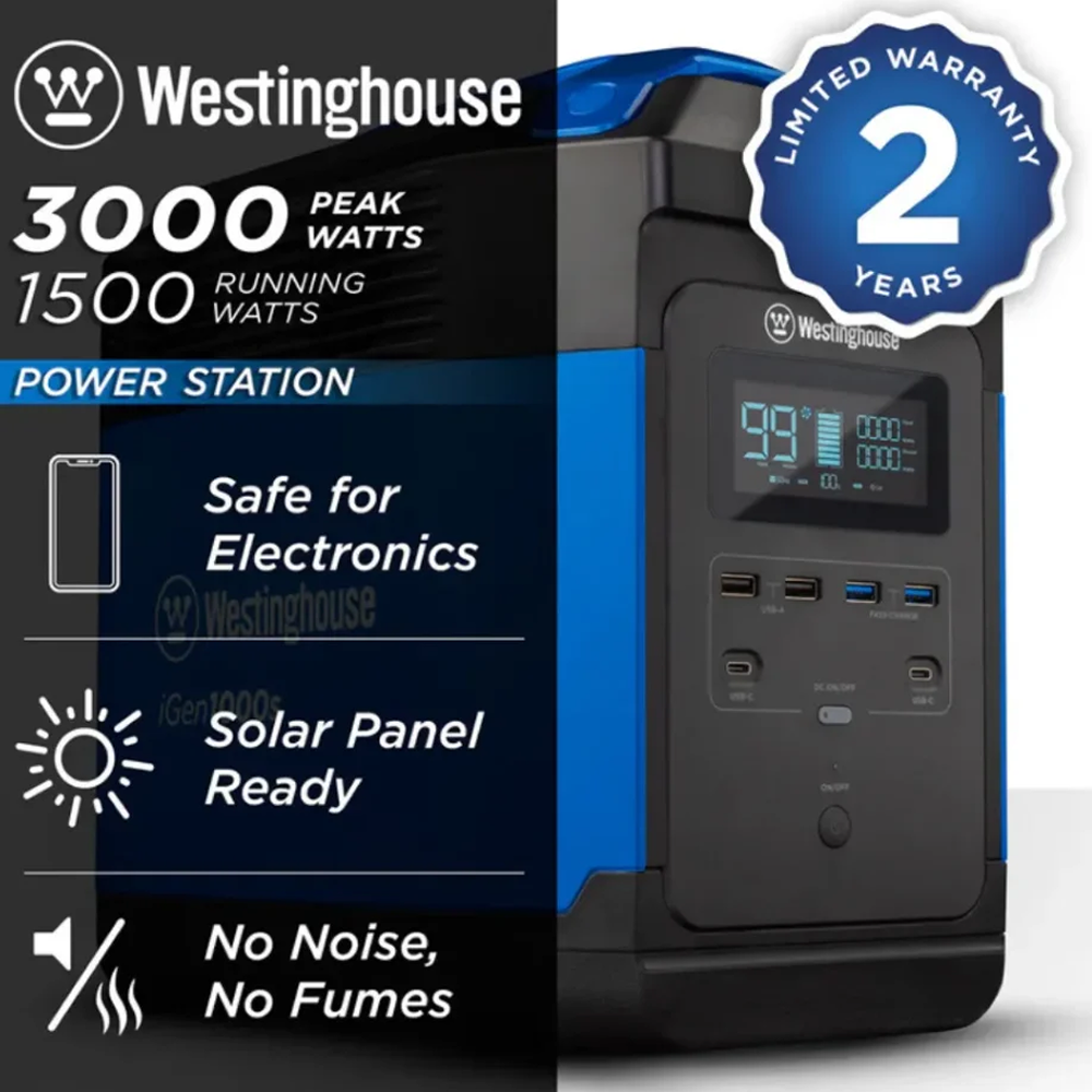 Casavibeo WESTINGHOUSE iGEN1000S portable power station with digital display and multiple charging ports, compact and lightweight design.