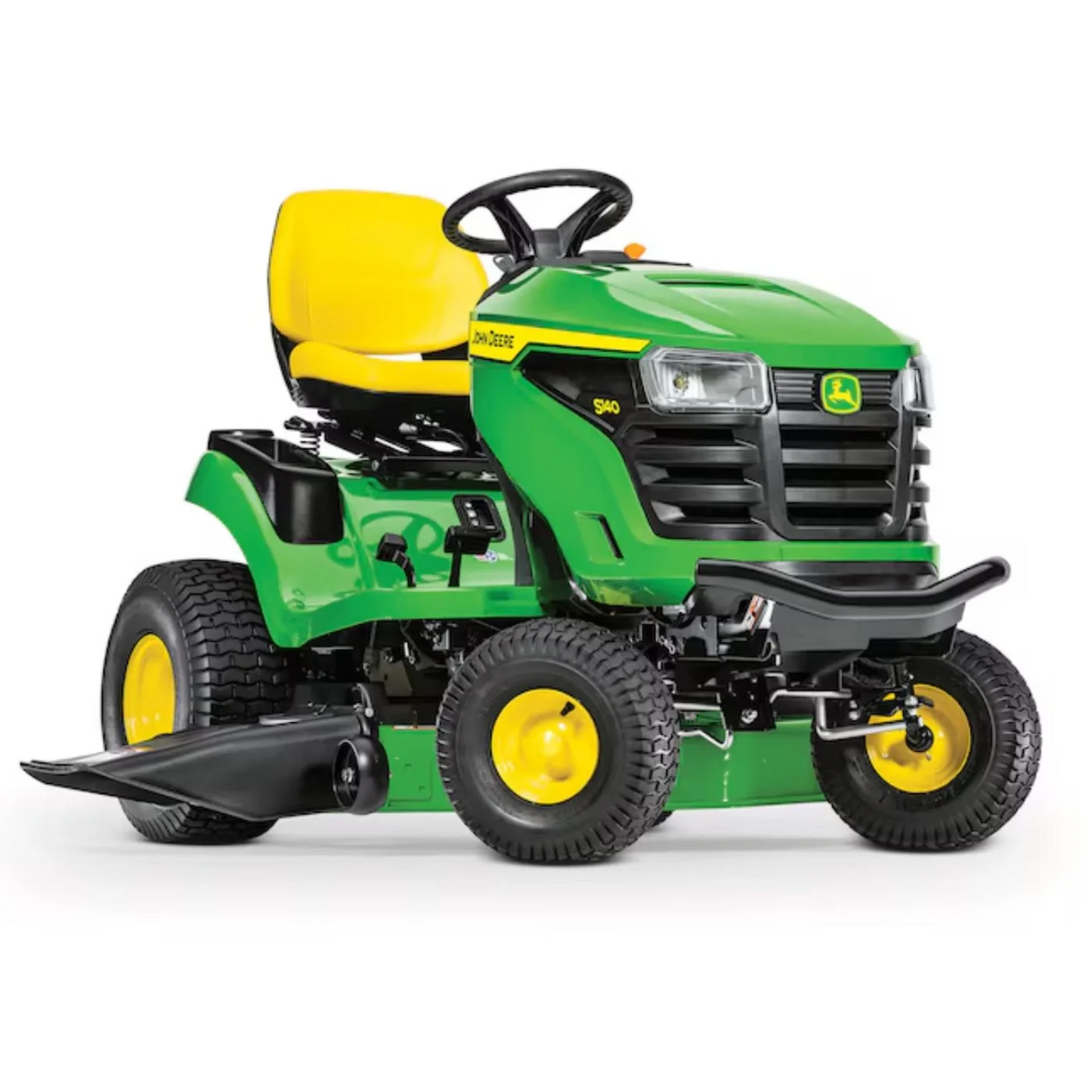John Deere S140 48-inch 22 HP V-twin gas hydrostatic riding lawn tractor with cutting deck and ergonomic seat.