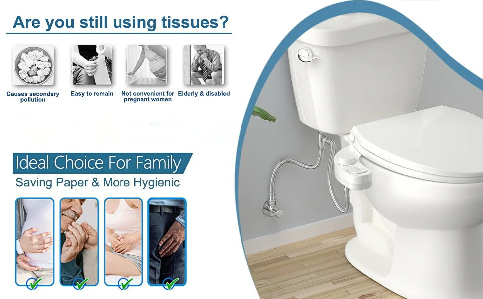 Belro toilet bidet attachment installed on a toilet, showcasing adjustable spray nozzle and control lever for hygiene and comfort.