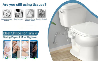 Belro toilet bidet attachment installed on a toilet, showcasing adjustable spray nozzle and control lever for hygiene and comfort.