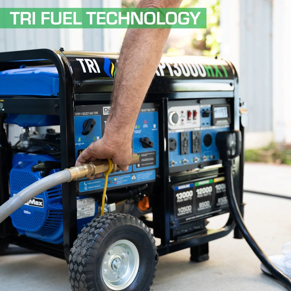 DuroMax XP13000HXT tri-fuel generator with remote start, gasoline, propane, and natural gas options, featuring CO alert display.