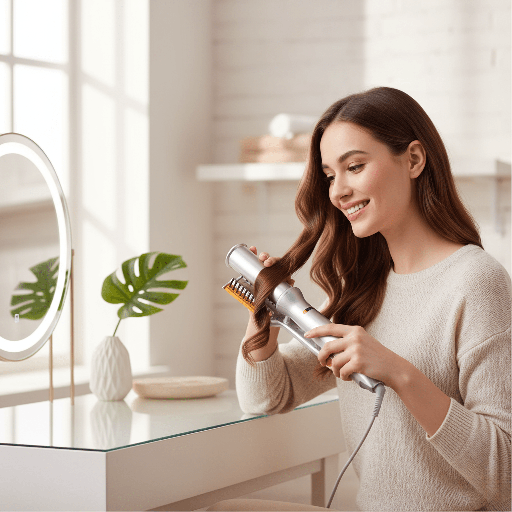 BowLift 2-in-1 rotating hair brush for styling, smoothing, and straightening with auto-spin feature, designed for easy hair styling.