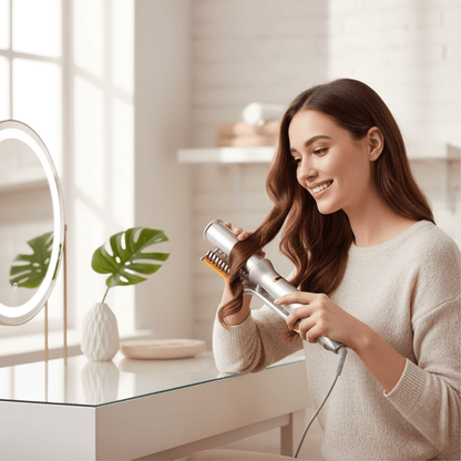 BowLift 2-in-1 rotating hair brush for styling, smoothing, and straightening with auto-spin feature, designed for easy hair styling.