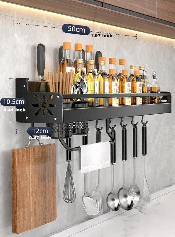 Belro wall-mounted kitchen storage rack organizer with multiple hooks and shelves for efficient kitchen organization.