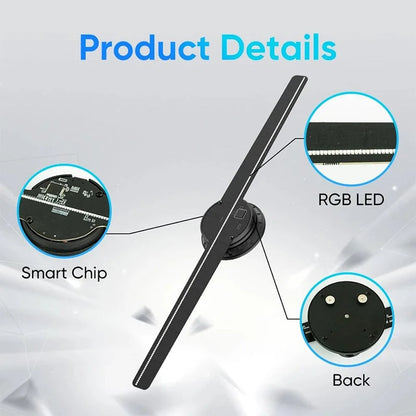 Belro 3D hologram LED fan projector displaying vibrant light patterns, designed for men’s clothing accessories.