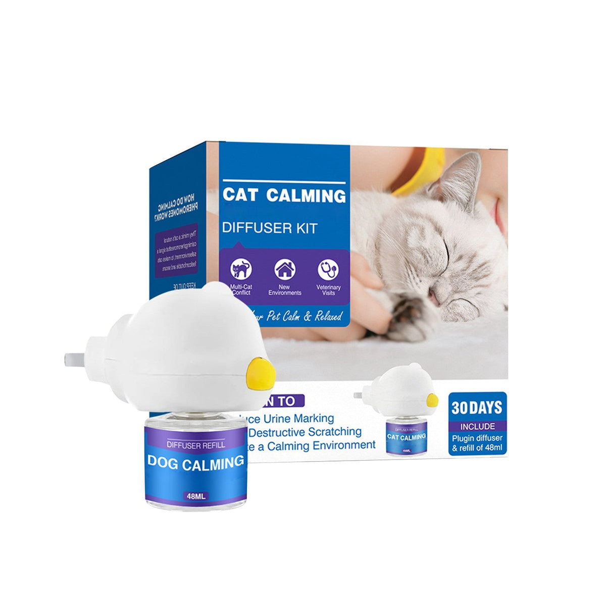 Belro Pet Calming Spray Diffuser in use, releasing calming aromatherapy vapor for pets in a cozy home setting