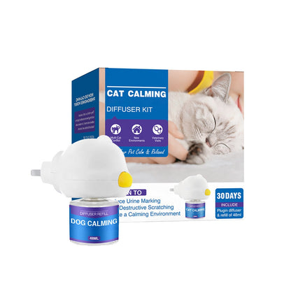 Belro Pet Calming Spray Diffuser in use, releasing calming aromatherapy vapor for pets in a cozy home setting