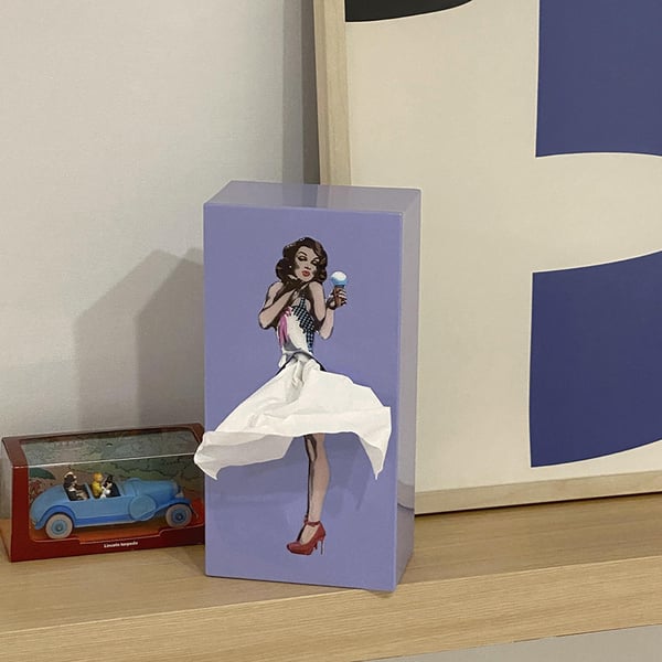 Belro Flying Skirt Tissue Box designed as a men's clothing accessory with a playful flying skirt motif.
