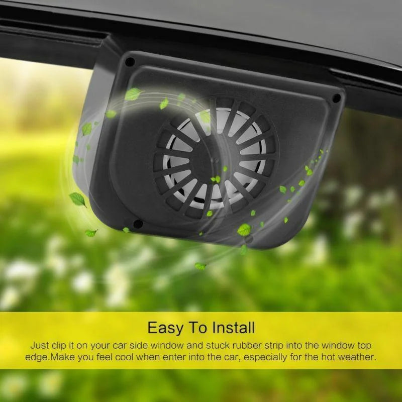 Belro solar-powered car vent window fan outdoors, showing black fan with solar panel on top, designed for vehicle ventilation.