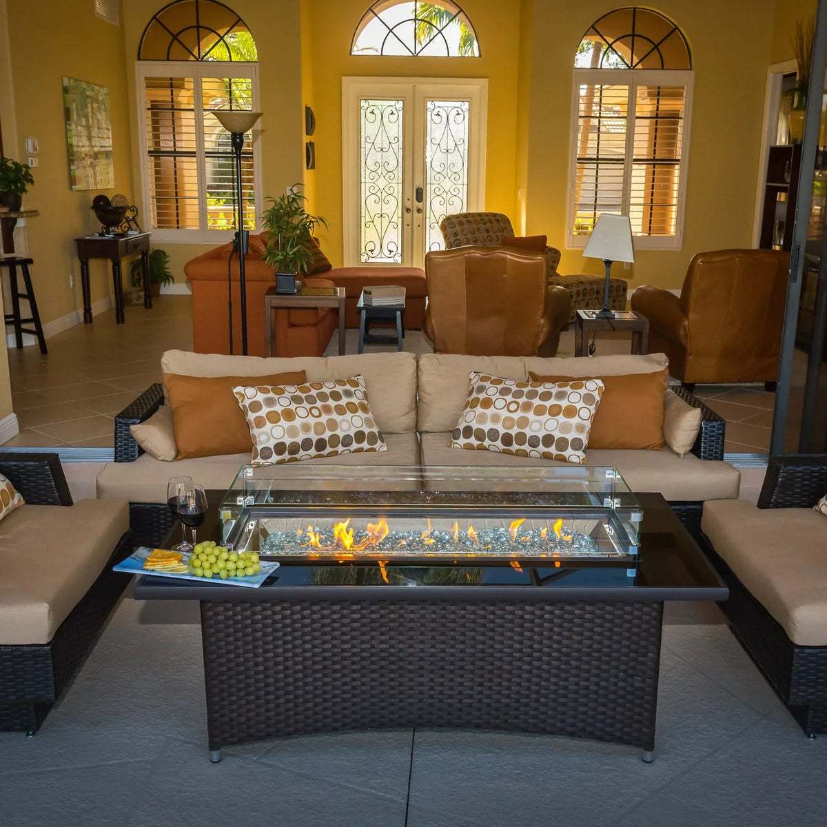 Casavibeo Montego Linear Gas Fire Pit Table with sleek black finish and modern design, showcasing the built-in gas fire feature.