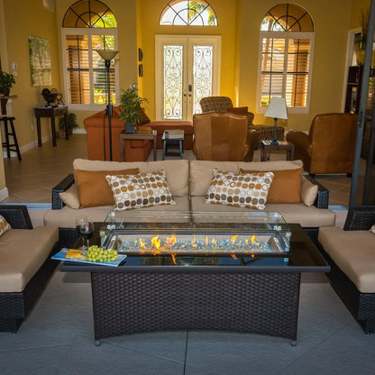 Casavibeo Montego Linear Gas Fire Pit Table with sleek black finish and modern design, showcasing the built-in gas fire feature.