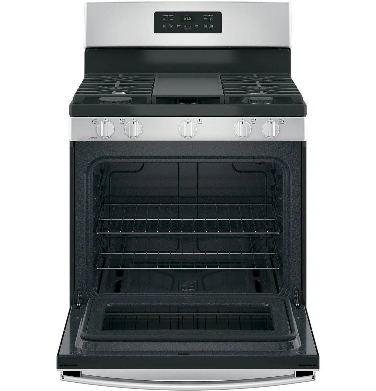 Casavibeo 30-inch freestanding gas range with four burners and oven, stainless steel finish, and control knobs on the front.