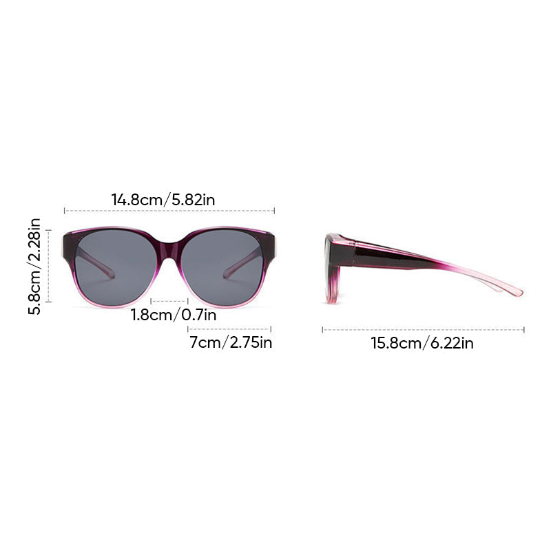 BowLift Fit-Over Sunglasses with polarized UV400 lenses, wraparound design, designed to wear over glasses for sun protection.