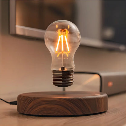 Belro magnetic levitating LED light bulb floating above a base, modern outdoor home and garden lighting display